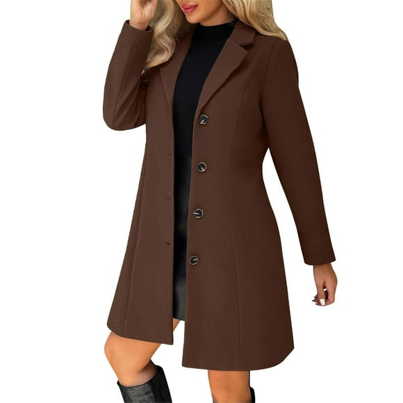 Wool Womens Coat, Solid Casual Thicken Wool Stand Collar Coat with Inner Lining and Pockets