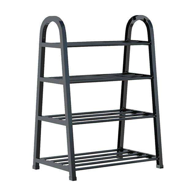 A-Shaped 4-Tier Shoe Rack with a heavy-duty metal frame, designed for bedrooms or entryways. The rust-resistant rack features slatted shelves for ventilation and drainage, providing compact storage for shoes or accessories. Made of thickened steel tubes, it measures 65x45x29cm (25.59x17.71x11.41in) and is lightweight at 720g (1.58lb).