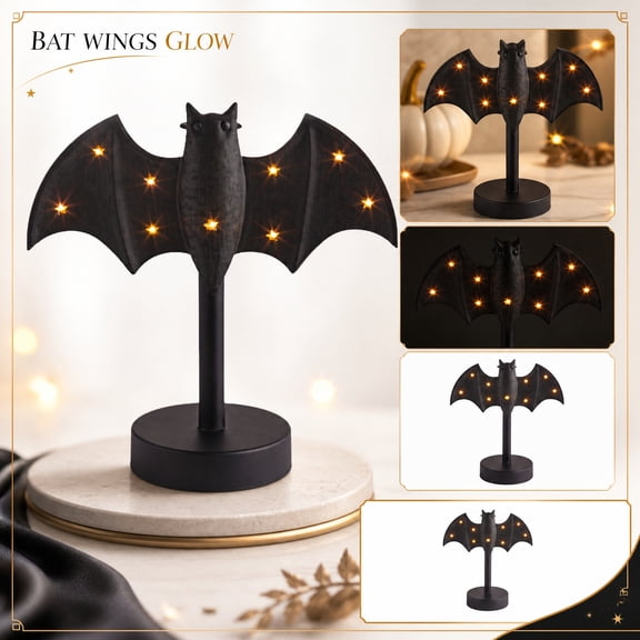 2026 Large Lighted Bat Tabletop Decor – 7.4 Inch Vintage Black LED Figurine, Spooky Halloween Desk Lamp Gothic Ornament