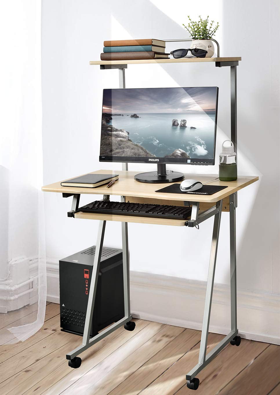 Homy Casa Mobile Computer Desk Small Rolling Work Workstation With Printer Shelf And Keyboard Space Beige