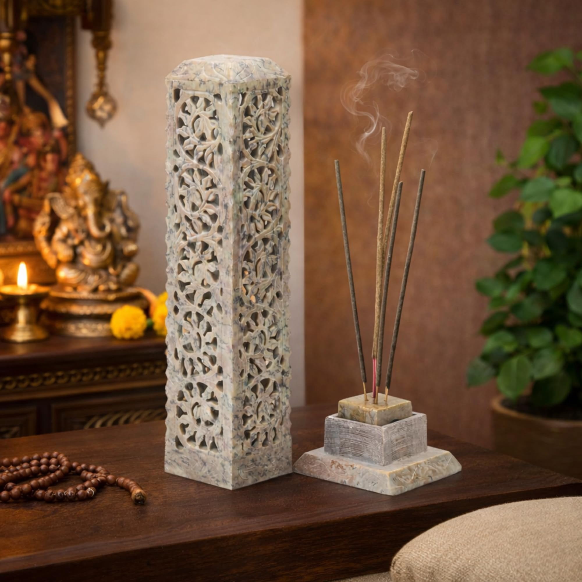Handmade Marble Soapstone Incense Stick Burner | Candle Holder Tea Light Stand - Tower For Gifting. Decorative Home And Kitchen Decor (3 X 3 11 Inches)