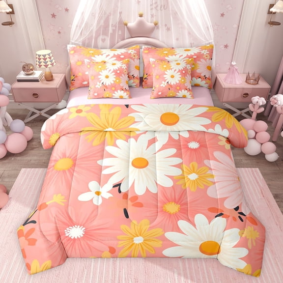 Feelyou Orange Groovy Floral Bedding Comforter Set 7 Pieces for Kids, Kawaii Plant Botanical Full Bedding Set, Cute Cartoon Daisy Reversible Fitted Sheet Flat Sheet, Ultra Soft Bedroom Decor