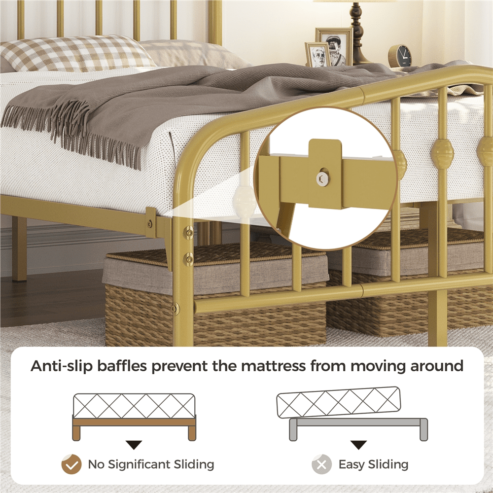 Renwick Modern Metal Platform Queen Bed with Arched Headboard and Footboard, Adult, Antique Gold