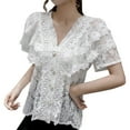 thumbnail image 3 of YM YOUMU Women Lace Floral Short Sleeve Blouse Shirt Ruffle V-neck Sheer Hollow Out Top, 3 of 5