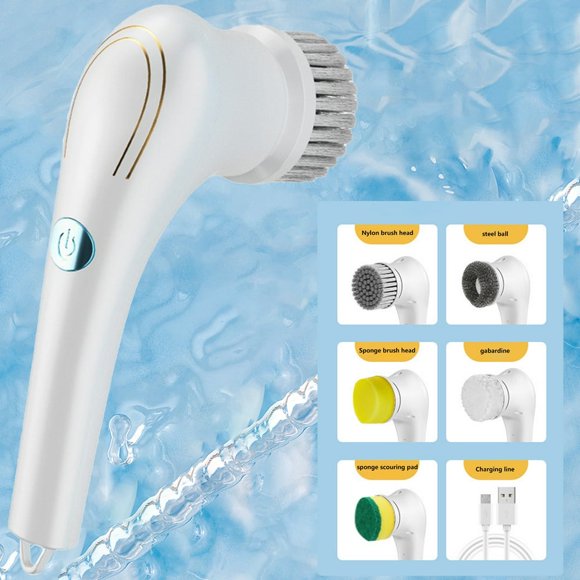 Electric Cleaning Brush Electric Spin Scrubber with 5 Brush Heads Reusable IPX7 Waterproof 360° Rotating Shower Spin Scrubber USB Charging Handheld Scrubber Brush for Home Kitchen