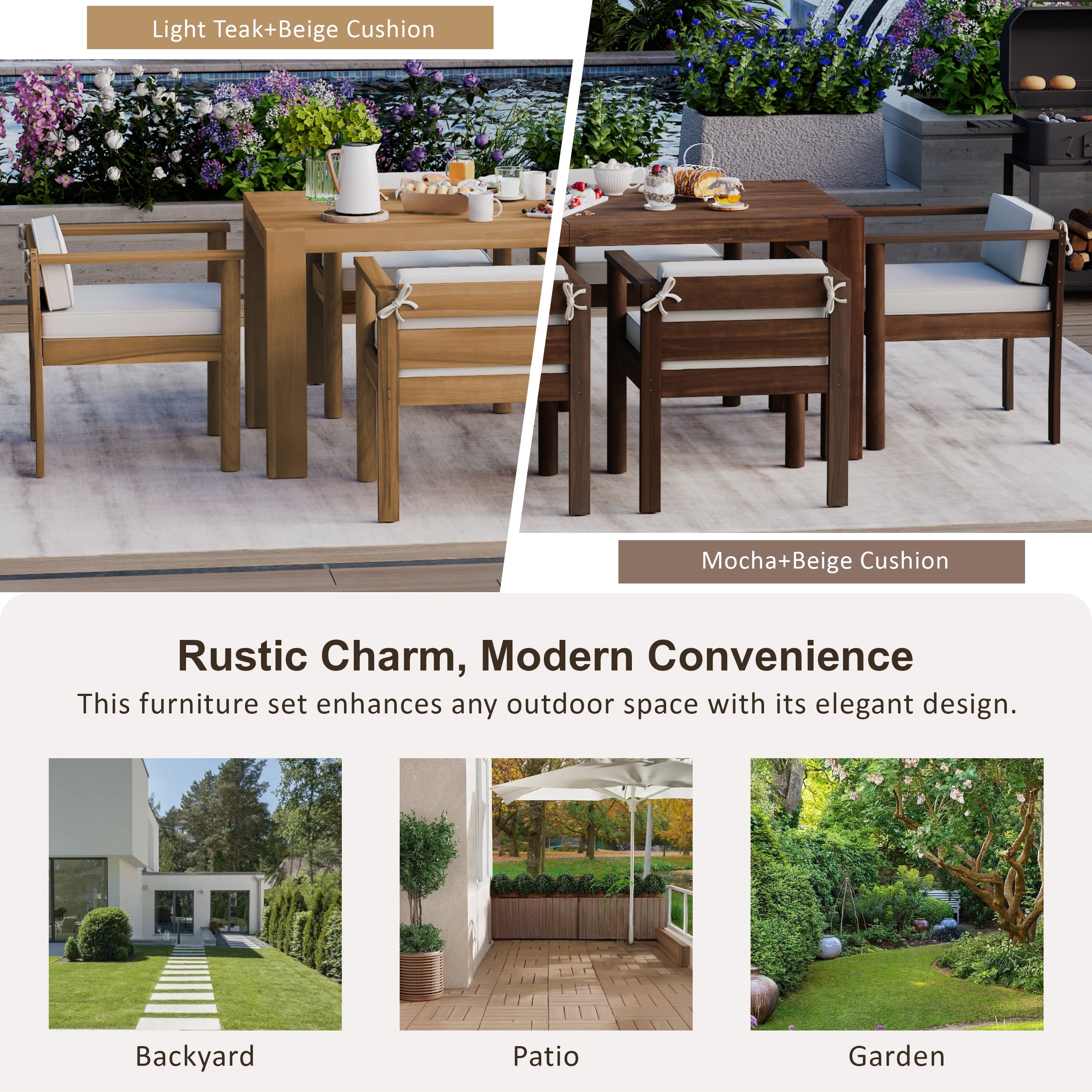 Harper & Bright Designs Wood Patio Dining Table Set for 6, Outdoor All-Weather Patio Dining Furniture with Rectangle Table and Chairs Set with Removable Cushions for Backyard Garden, Beige, Mocha