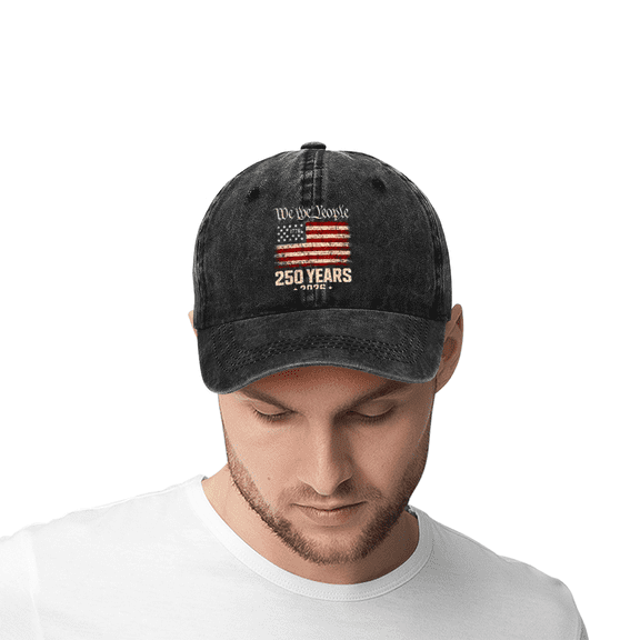 We The People 250 Years 1776-2026 USA Flag Vintage Washed Black Baseball Cap, Patriotic Adjustable Dad Hat