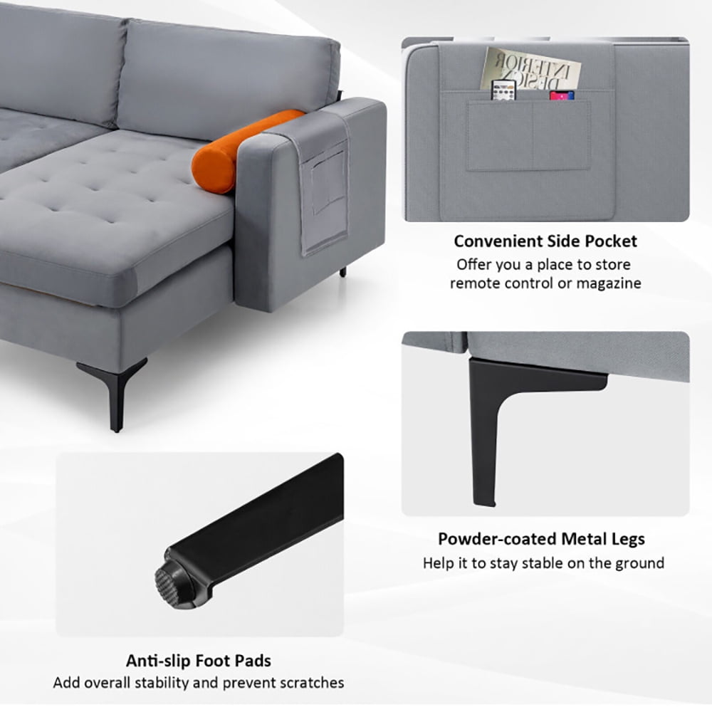 Finihen L-shaped Sectional Sofa Couch, Modular L-shaped 3-Seat Sectional Sofa with Reversible Chaise and 2 USB Ports, for Living Room, Light Gray Finihen L-shaped Sectional Sofa Couch, Modular L-shaped 3-Seat Sectional Sofa with Reversible Chaise and 2 USB Ports, for Living Room, Light Gray