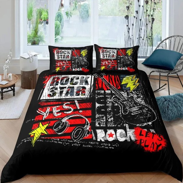 Housse de Couette Rock Musique Très Grand Ensemble de Literie Jazz Musique pour Adolescents Housse de Couette Graffiti Hip Hop Notes de Musique Polyester