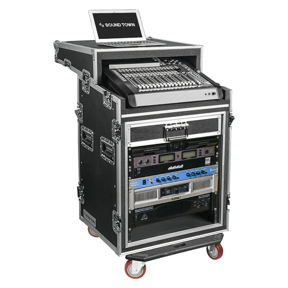 Sound Town Shock Mount 8U ATA Rack Case with 21 Rackable Depth, 11U Slant Mixer Top and Casters, 8-Space Size - Pro Tour Grade (STMR-SP8UW)