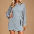 thumbnail image 2 of Lilgiuy Women's Long Sleeve Bandage Draw Back Round Neck Casual Dress Blue Fall Dresses for 2022 Spring Winter, 2 of 5