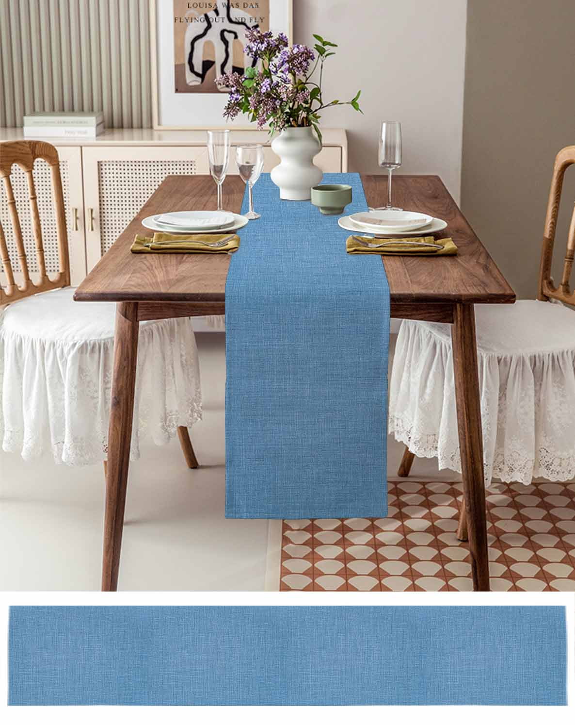 Table Runner 72 Inches Long for Kitchen Dining, Blue Dresser Scarf Farmhouse, Dining Table Decorations for Wedding/Parties, Farmhouse Burlap Solid Blue Color Modern Linen Texture 14 x 72 In