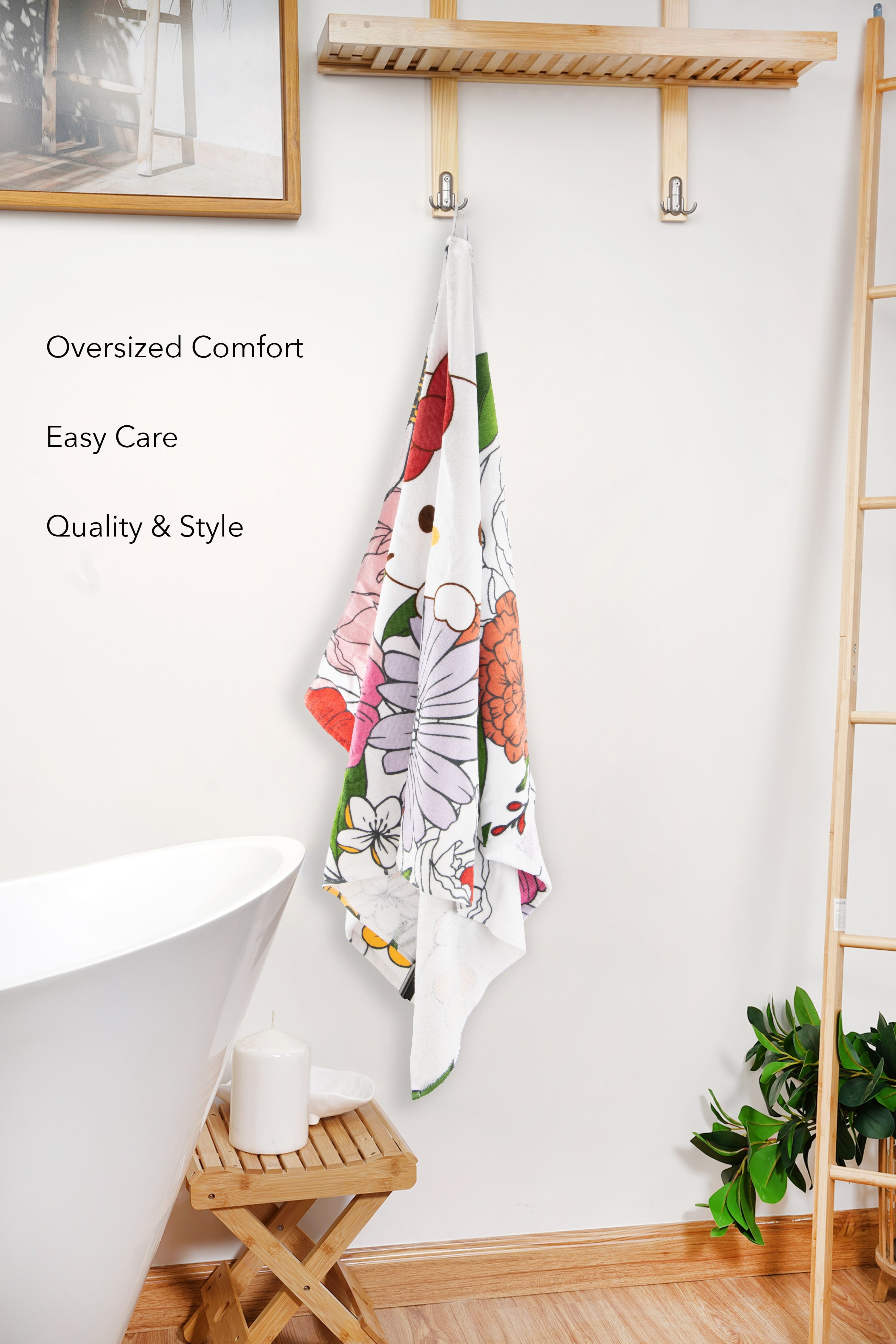 Hello Kitty Spring Floral Kitty 34" x 64" Oversized Bath Towel, Cotton, Multicolor, Sanrio