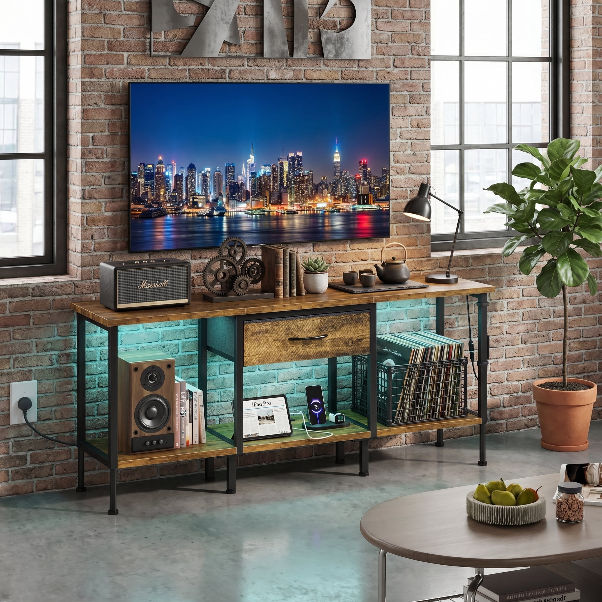 HIGDBFE TV Stand for TVs up to 55 inch, LED Entertainment Center with Fabric Drawers and Power Outlet, Metal TV Console Table for Living Room and Bedroom