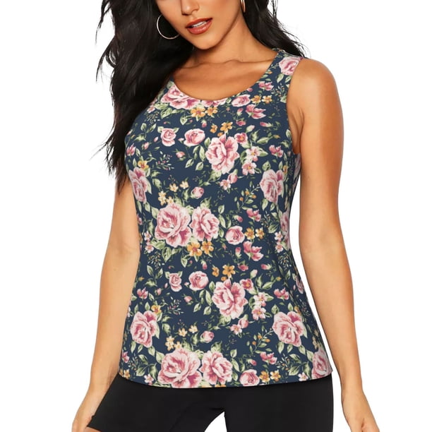 Balery Vintage Floral Camiseta sin mangas estampada ligera para mujer, tops de entrenamiento sin mangas, camisetas de yoga transpirables de secado rápido.-Large