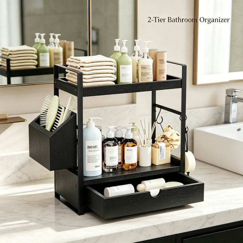 2‑Tier Wooden Countertop Organizer with Drawer, Pre‑Drilled Holes Countertop Storage Shelf for Skincare Makeup Perfume,Bathroom Vanity Storage Rack, Black