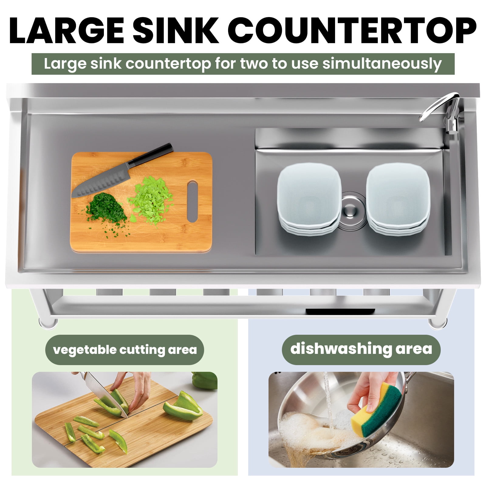 Commercial Kitchen Sink, 304 Commercial Stainless Steel Sink with Single Bowl Basin, Free Standing Utility Sink for Outdoor & Garage Cleaning