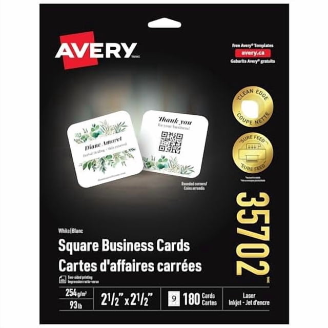 Avery Printable Square Business Cards with Clean Edge and Sure Feed Technology, 2.5" x 2.5", Double