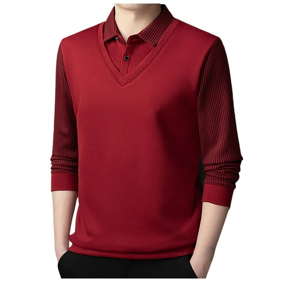 GBSYEWXS Men Pullover Sweaters Base Long Sleeve Collared Pullover Striped Print Fall Red Sweater
