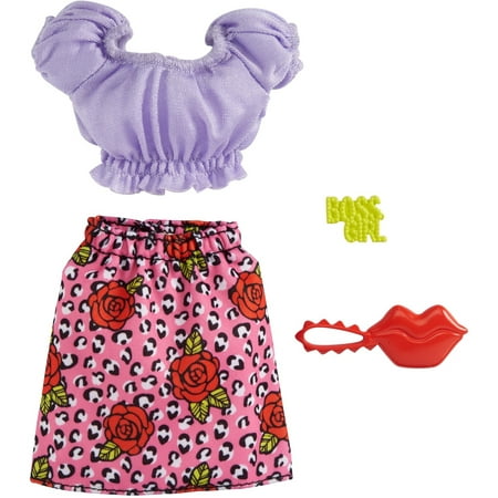 ?Barbie Fashion Pack with Purple Crop top, Floral Skirt, Lip-Shaped Purse & ‘Boss Girl’ Hair Pin, Doll Clothes for Kids 3 to 8 Years Old