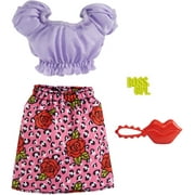 ​Barbie Fashion Pack with Purple Crop top, Floral Skirt, Lip-Shaped Purse & ‘Boss Girl’ Hair Pin, Doll Clothes for Kids 3 to 8 Years Old