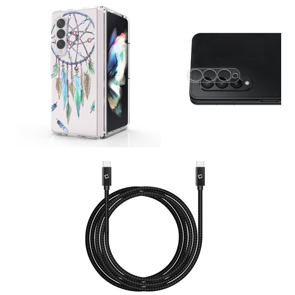 Accessory Bundle for Galaxy Z Fold 4: Slim Snap-On Case (Teal Mint Dreamcatcher), Rear Camera Glass Protector, Nylon Braided USB-C to USB-C Cable (4 Feet)