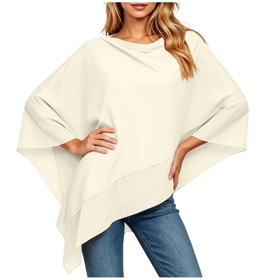 QSAWXQZ Women's UV Protection Shawl Wrap Asymmetric Loose Boat Neck Long Sleeve Beach Layer Poncho Cover Up for Resort Outerwear Free Size