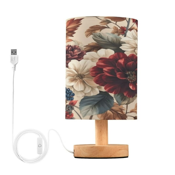 Burgundy Hydrangeas Small Lamp Printed Gifts Table Lamp USB Bedside Desk Nightstand Lamp Wood Base for Bedroom Living Room Office Desk College Dorm