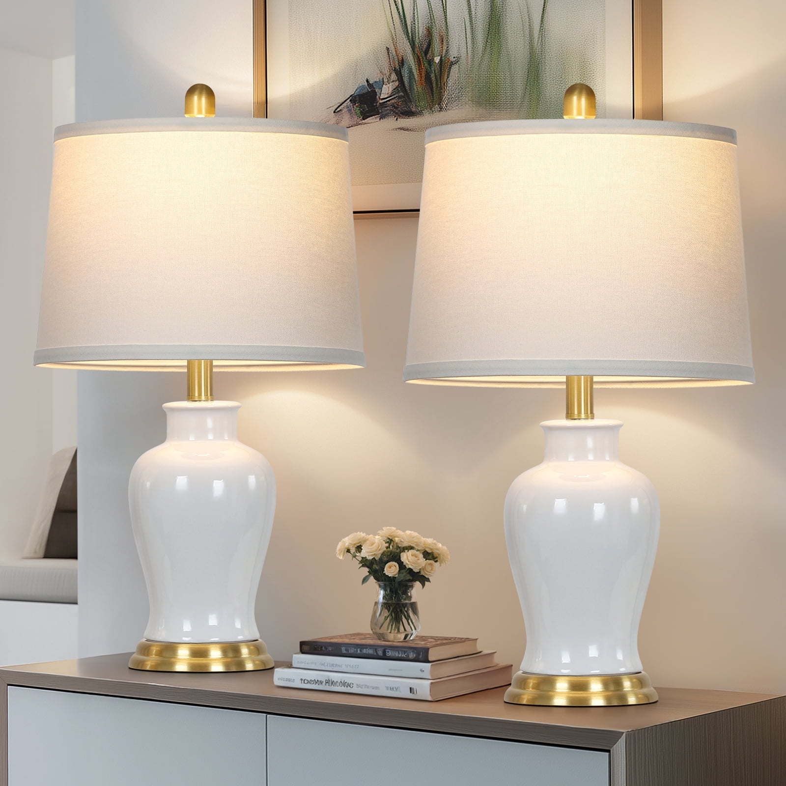 Cinkeda White Ceramic Table Lamps Set of 2 for Living Room Bedroom 23" Tall Modern Ginger Jar Design Nightstand Bedside Lamps