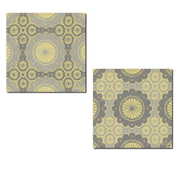 2 Lovely Yellow and Grey Intricate Doily Pattern Print; Two 12X12in Poster Prints