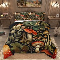 Homewish Mushroom Fungus Queen Comforter Set,Rustic Plant Bedding Sets,Red Green Black Bedding Comforter Set For Girl Kids,Breathable Home Decor Reversible,3-Piece