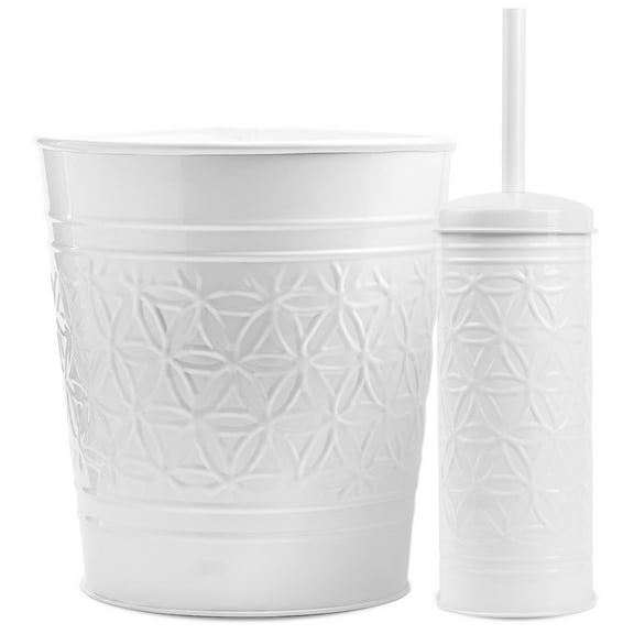 Autumn Alley Metal White Trash Can & Toilet Brush Holder Set, White Bathroom Accessories Set
