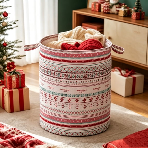 Feledorashia Christmas Storage Basket, Foldable Laundry Hamper, Large Linen Organizer Bin for Clothes Blankets Toys and Household Items, Water Resistant Collapsible Storage Tub with Reinforced