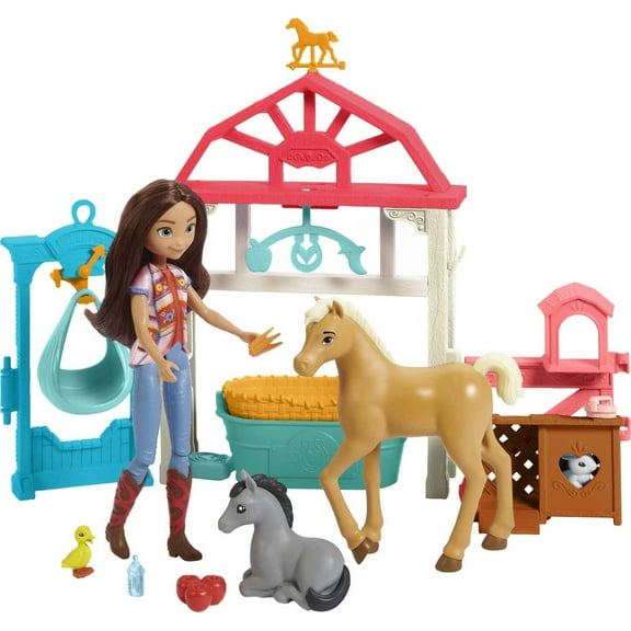 Spirit Lucky’s Foal Nursery Playset with Lucky Doll (7 in), Caretaking Area, Scale, Mobile, Hoof-Activated Cradle, 4 Animals & More, 3 & Up