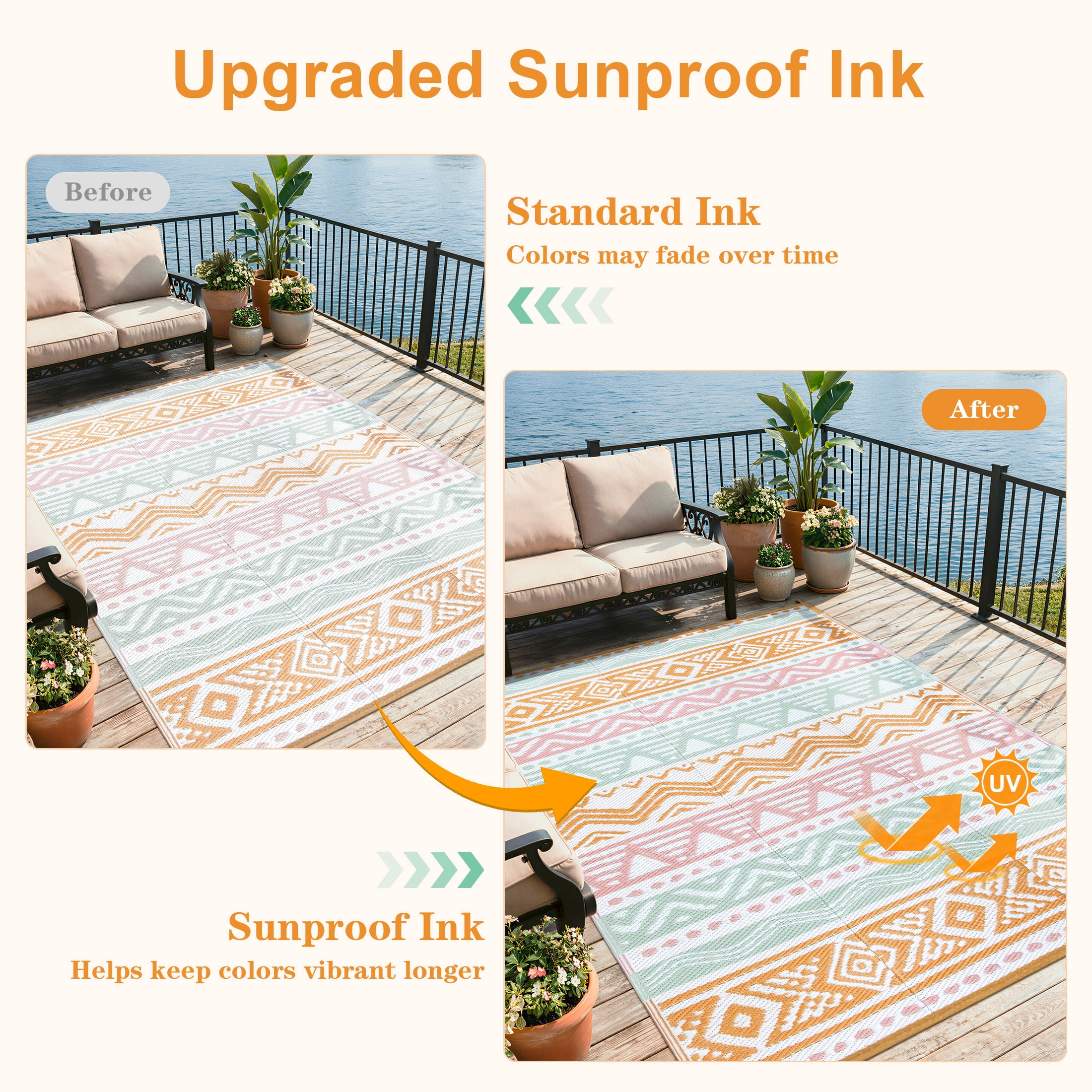 Moynesa Outdoor Rug Waterproof, 4'x6' Lightweight Plastic Straw Rug for Camping RV, Reversible Outside Carpet for Patio Deck Porch Balcony Picnic Tent, Pink/Orange