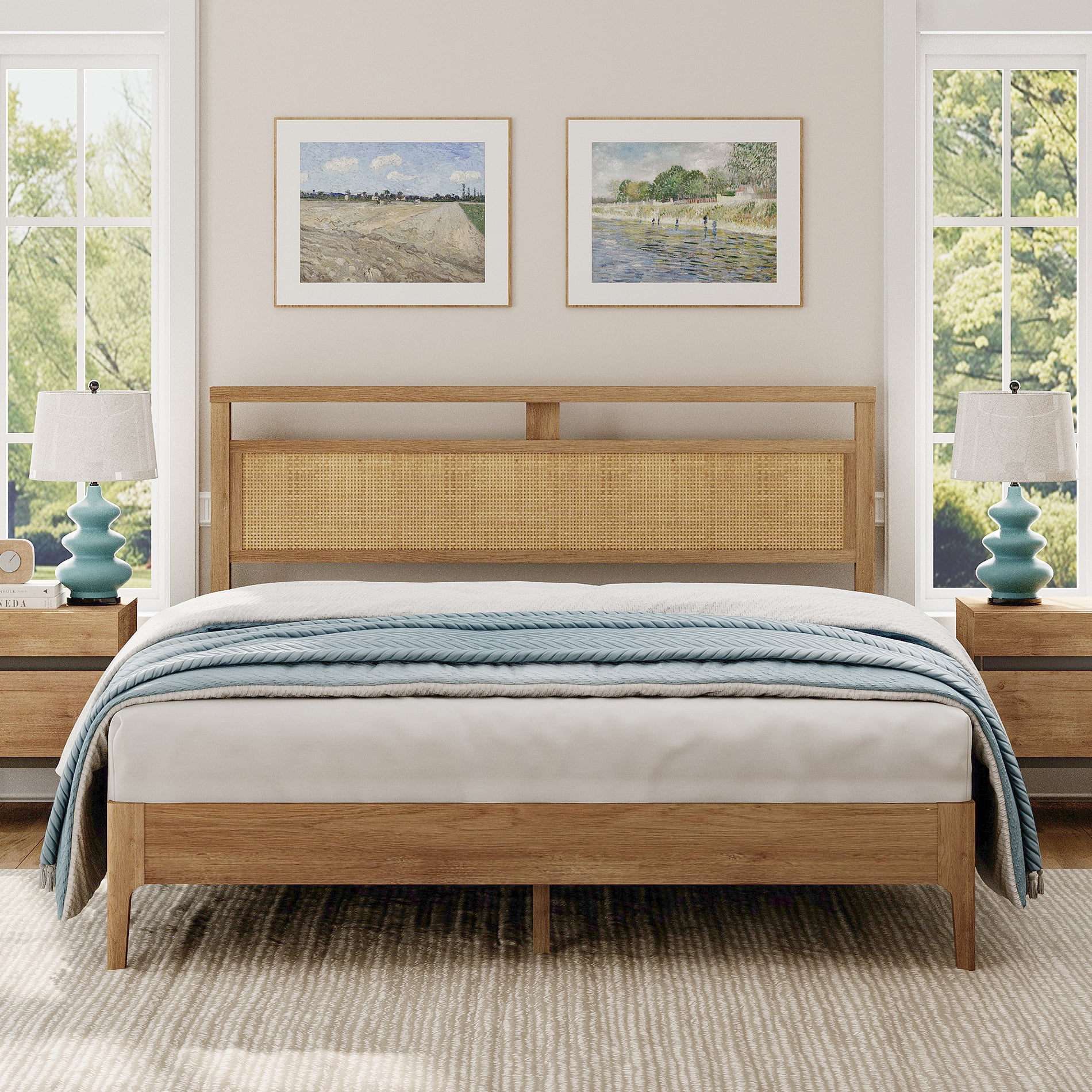 3-Piece Bedroom Set, Queen Bed Frame with Rattan Headboard & 2 Nightstand,Oak