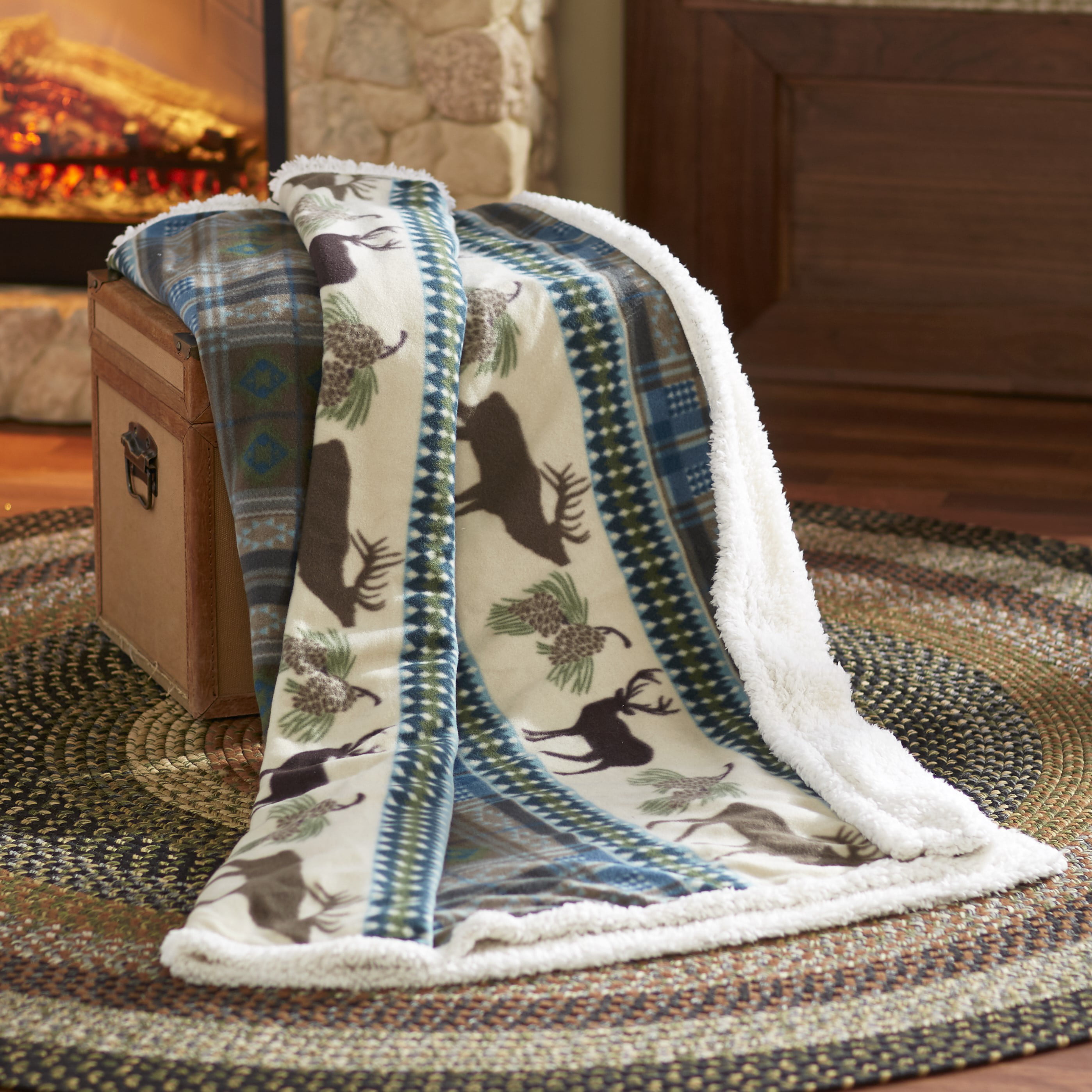 Woodland Critters Print Jumbo Fleece And Sherpa Lodge Throw Blanket