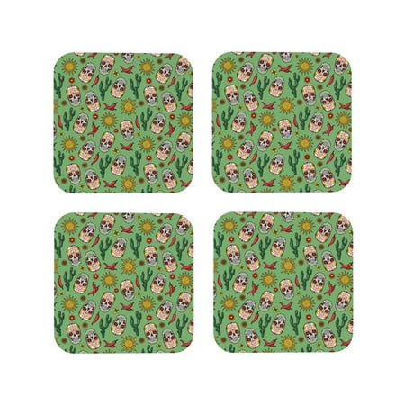 

Lukts Vintage Sugar Skull Print Leather Drinks Coasters Set of 4 Suitable or Drinks Furniture Protection and Easy Clean up-Square