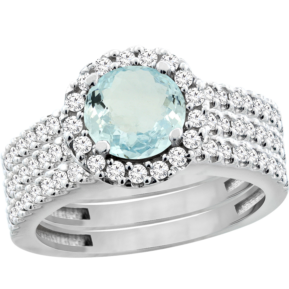 14K White Gold Natural Aquamarine 3-Piece Bridal Ring Set Round 6mm Halo Diamond, size 5.5 by Gabriella Gold