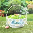 thumbnail image 2 of Personalized Planet Boys Polka Dot Liner with Custom Name Printed in Blue Letters on White Woven Spring Easter Basket with Collapsible Handle for Egg Hunt or Book Toy Storage, 2 of 6