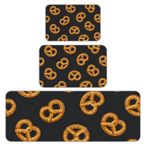 RKSupls Kitchen Rug Set 3 Piece Anti-Slip Flannel Floor Mats, Pretzel Pattern Dark Washable Absorbent Runner Mats for Kitchen Bathroom Home Decor