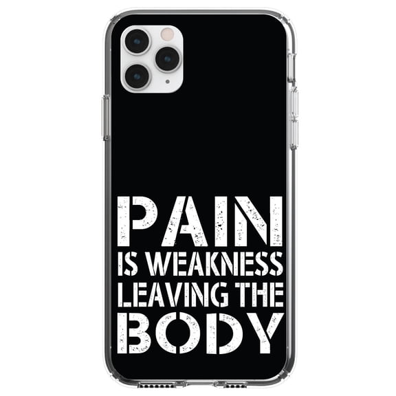 DistinctInk Clear Shockproof Hybrid Case for iPhone 11 Pro (5.8" Screen) - TPU Bumper, Acrylic Back, Tempered Glass Screen Protector - Pain is Weakness Leaving the Body - Inspirational Quote
