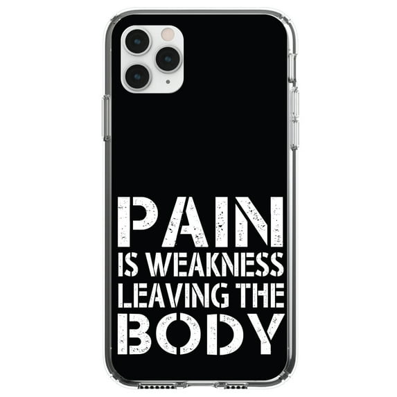 DistinctInk Clear Shockproof Hybrid Case for iPhone 13 Pro MAX (6.7" Screen) - TPU Bumper, Acrylic Back, Tempered Glass Screen Protector - Pain is Weakness Leaving the Body - Inspirational Quote