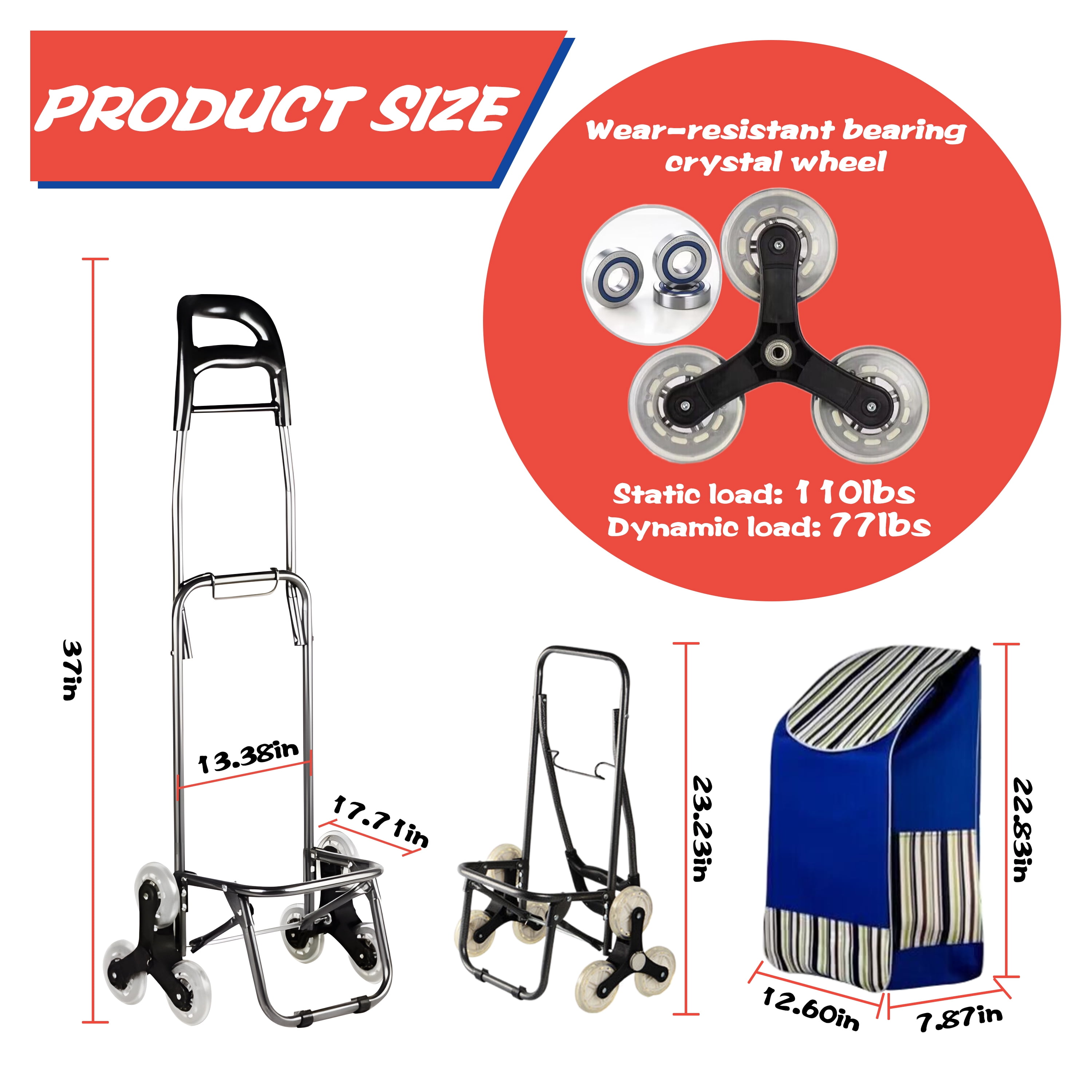 WZCPCV Foldable Stairs Climber Shopping Cart, Grocery Cart on Wheels,Heavy Duty Utility Cart Trolley, 2-in-1 Tri-Wheels Climbing Carts with Detachable Oxford Bag,Blue