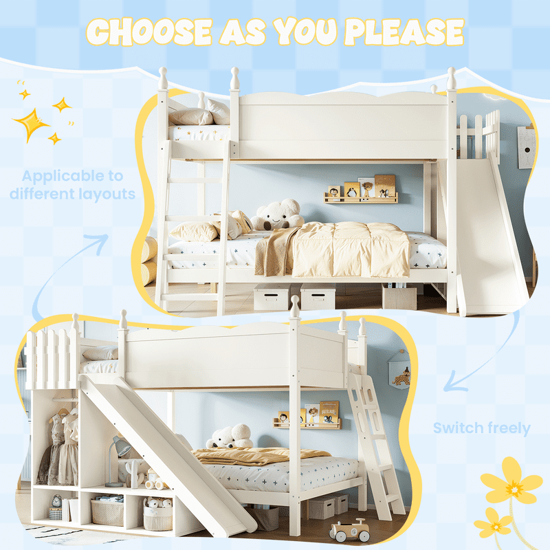 Full Over Full Bunk Bed with Slide and Ladder, Solid Wood Kids Bunk Bed with Storage Shelves and Hanging Rod, Low Profile Design, Full-Length Guardrails