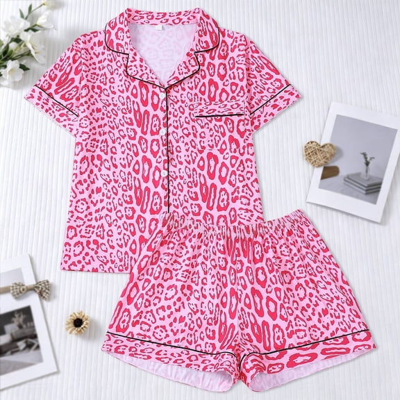 MEZZALL Women's 2 Piece Pajama Set Lapel Short Sleeve Button Shirt Matching Shorts Leopard Print Casual Nightwear