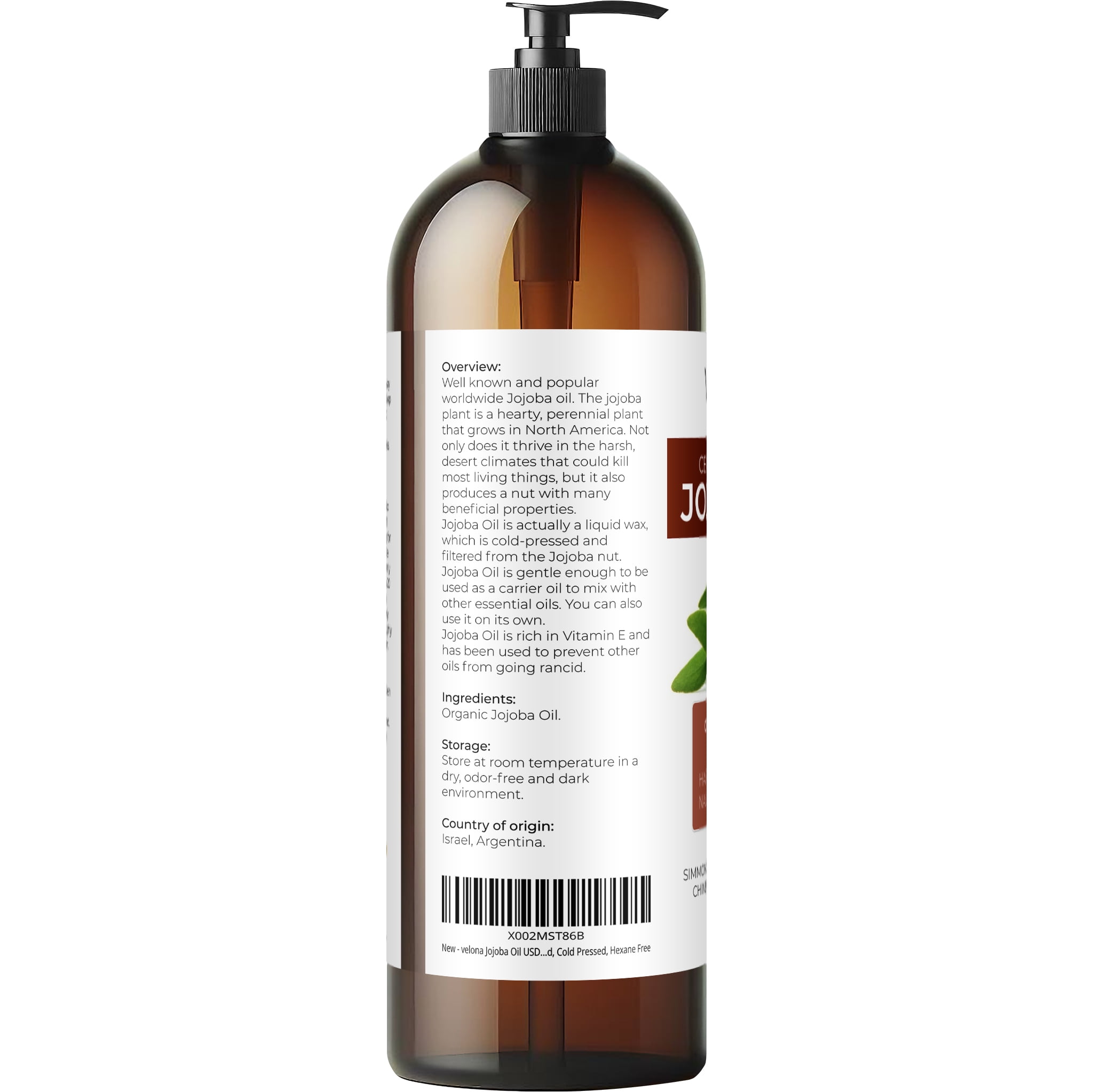 velona Jojoba Oil USDA Certified Organic - 32 fl oz (With Pump) | 100% Pure and Natural | Golden, Unrefined, Cold Pressed, Hexane Free | Moisturizing Face, Hair, Body, Skin Care