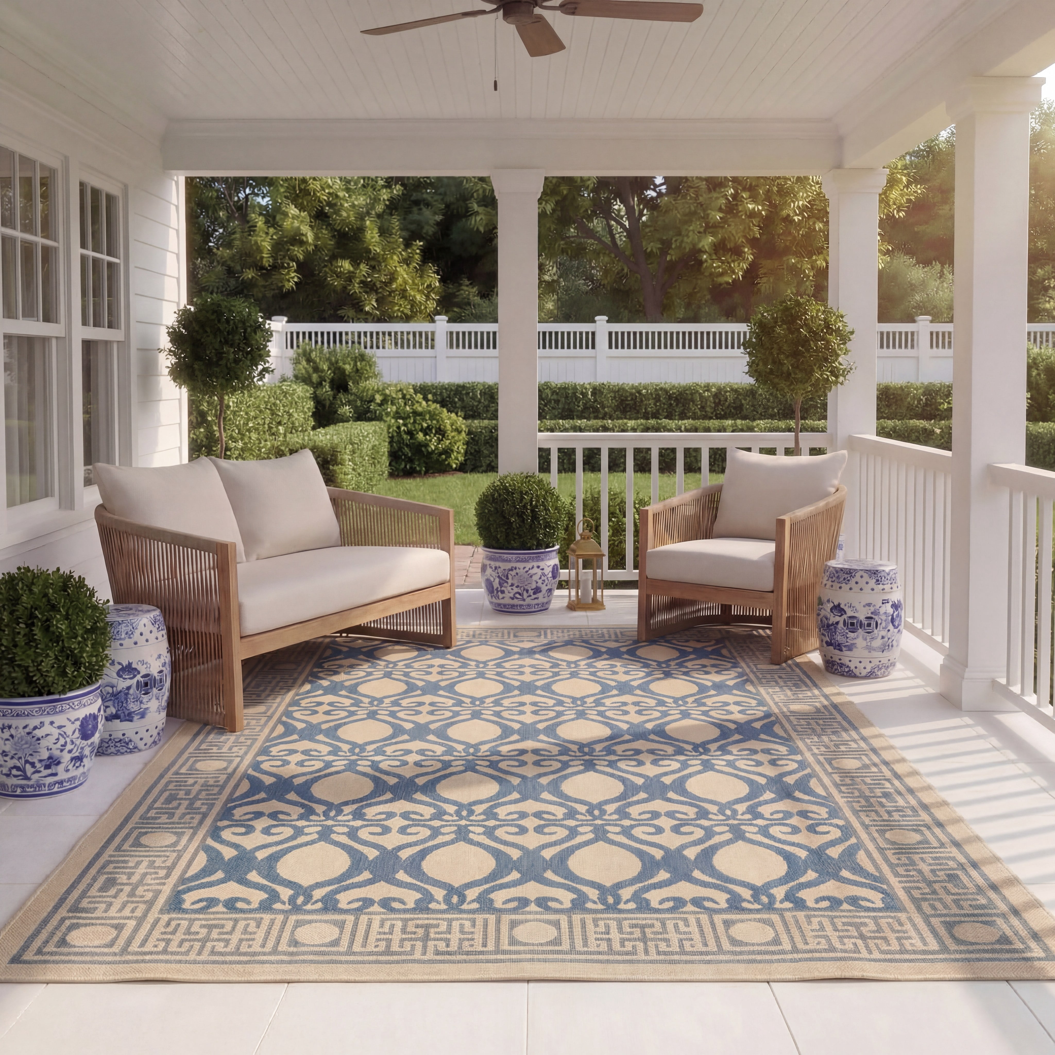 SAFAVIEH Courtyard Colton Geometric Indoor/Outdoor Area Rug, Natural/Blue, 8' x 11'