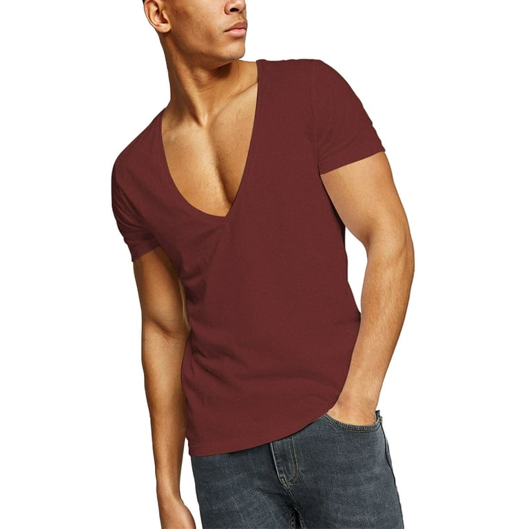 Frontwalk V Neck T Shirts for Men Low Cut Deep V Neck Tee Muscle Slim Fit  Stretch Tops for Summer 