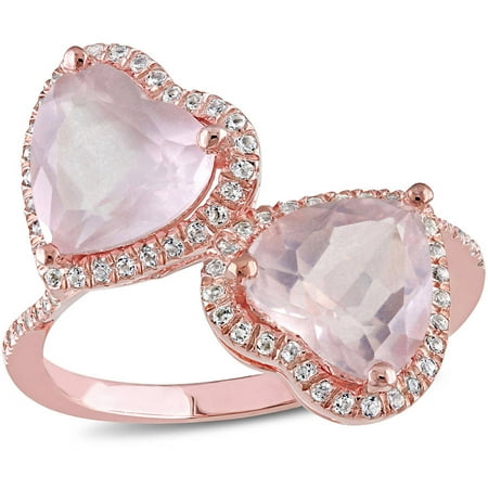 Tangelo 3-3/5 Carat T.G.W. Heart-Cut Rose Quartz and White Topaz Rose Rhodium-Plated Sterling Silver Halo Heart Bypass Ring